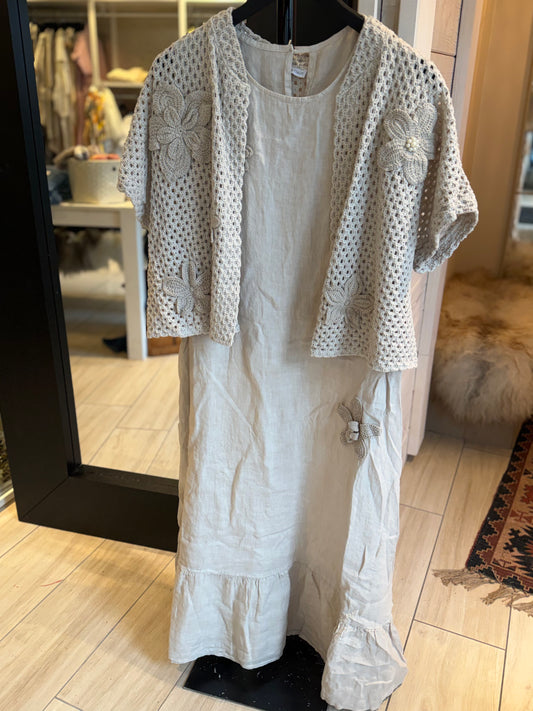 Lin kjole - flower m/jakke beige