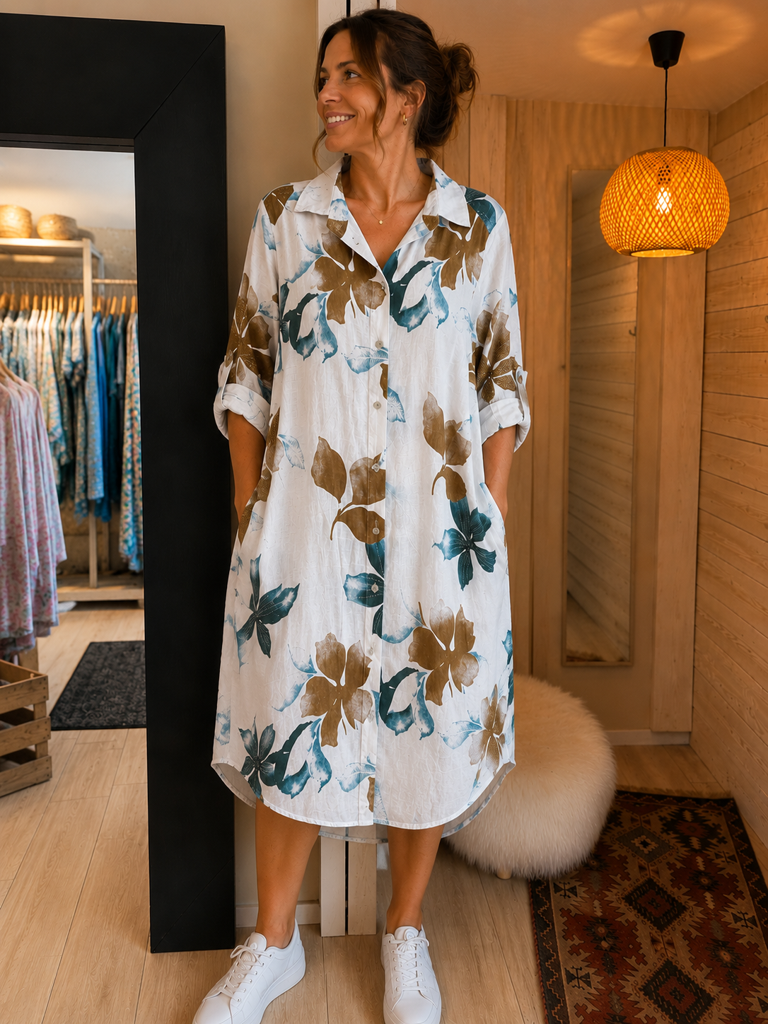 Laila lin dress- white / green/ brown
