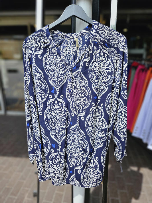 Cassiopeia Blouse, mørkblå og creme mønster
